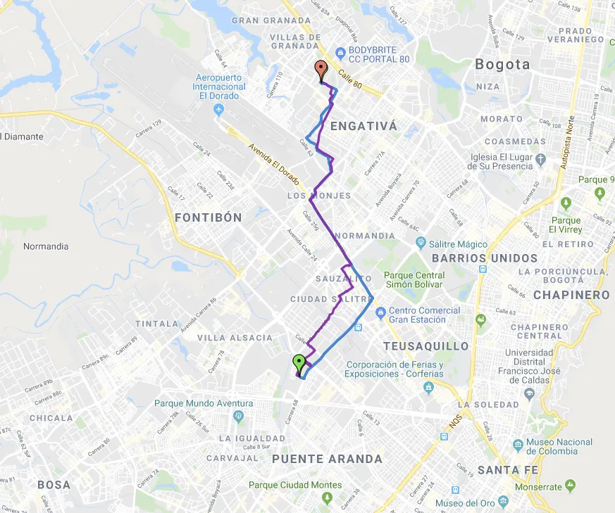 Bike to Work route of Jorge, Bogota, Colombia