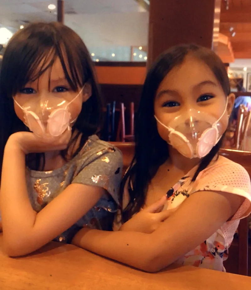 Alivia and Kalena having fun wearing the Totobobo mask