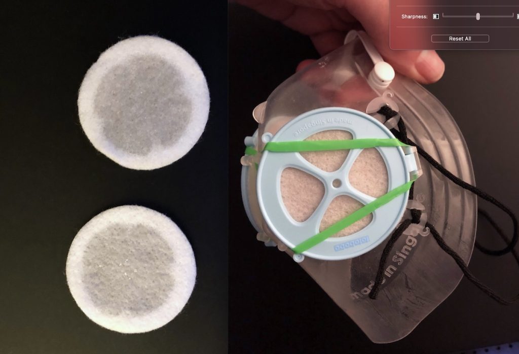 The Totobobo mask from Eleanor and dirty filters after one day of use in London