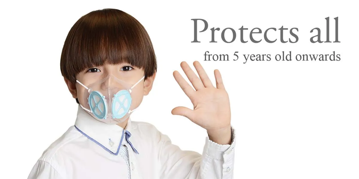 A boy wearing the Totobobo mask smiling showing throught the transparent mask