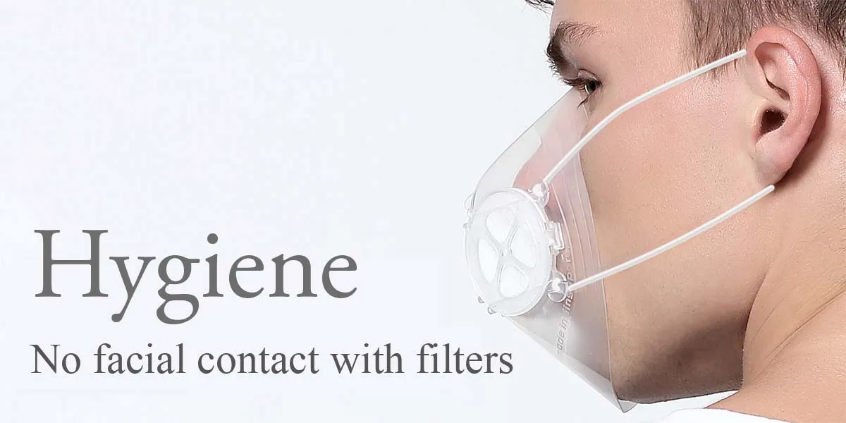 Man wearing a transparent Totobobo mask shpwing the filters not touching the skin