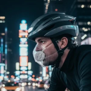 Cyclist wearing a Totobobo reusable pollution mask large size transparent